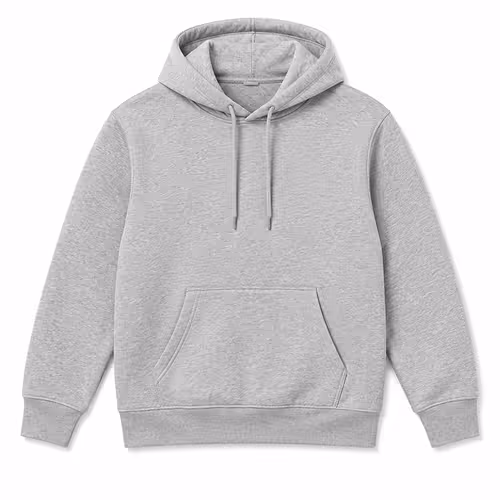 Plain light gray hoodie with front pocket and drawstring hood on a white background.