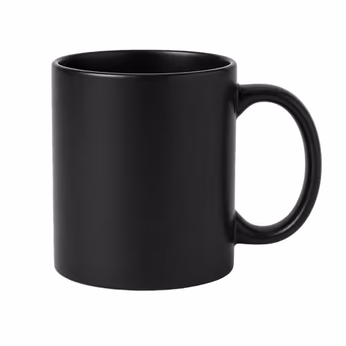 Plain black ceramic coffee mug with a large handle on a white background.