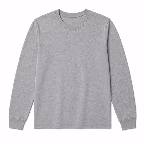 Plain light gray long-sleeve crewneck shirt with ribbed cuffs on a white background.