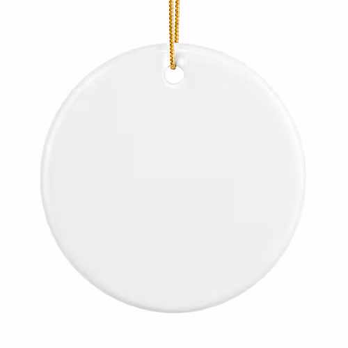 Blank round white ceramic ornament with a gold hanging string on a white background.