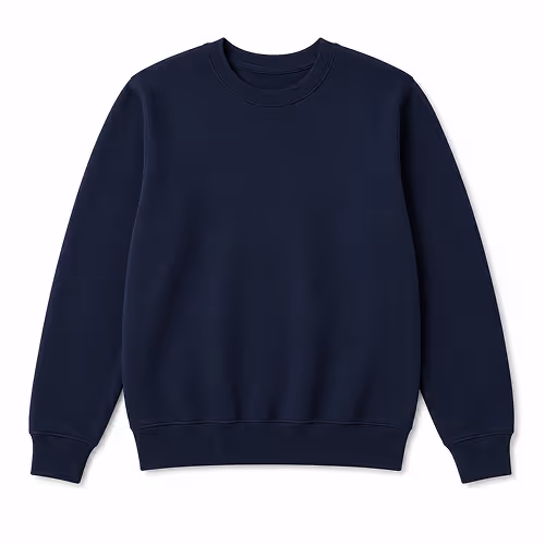 Plain navy blue crewneck sweatshirt with long sleeves and ribbed cuffs and hem.
