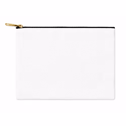 Plain white rectangular pouch with a black zipper and gold zipper pull.