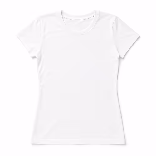 Plain white short-sleeve women's crew neck t-shirt on a white background.