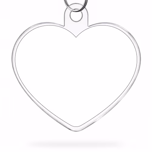 Transparent heart-shaped keychain with a metal ring on a white background.
