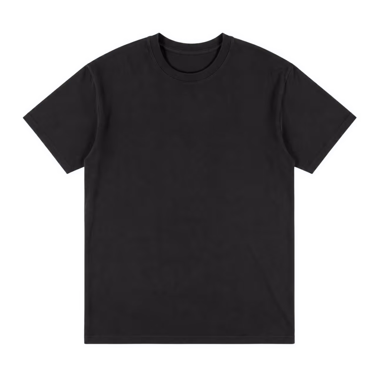 Plain black short-sleeve crew neck t-shirt laid flat on a black background.