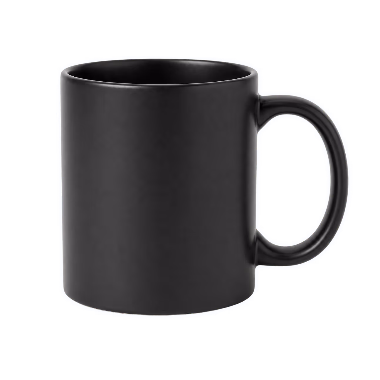 Black ceramic coffee mug with handle on the right side against a transparent background.