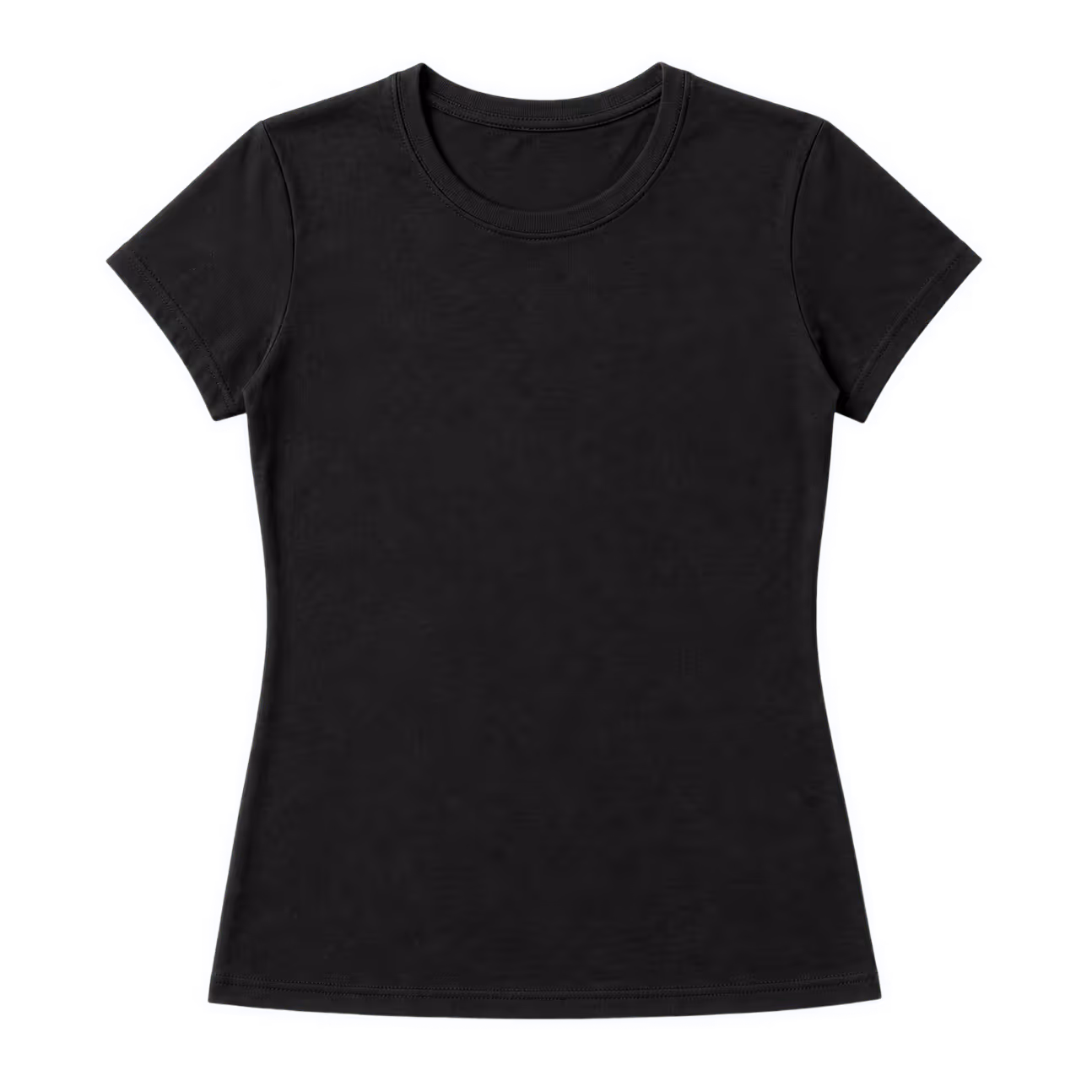 Plain black fitted women's short-sleeve crewneck t-shirt on a black background.