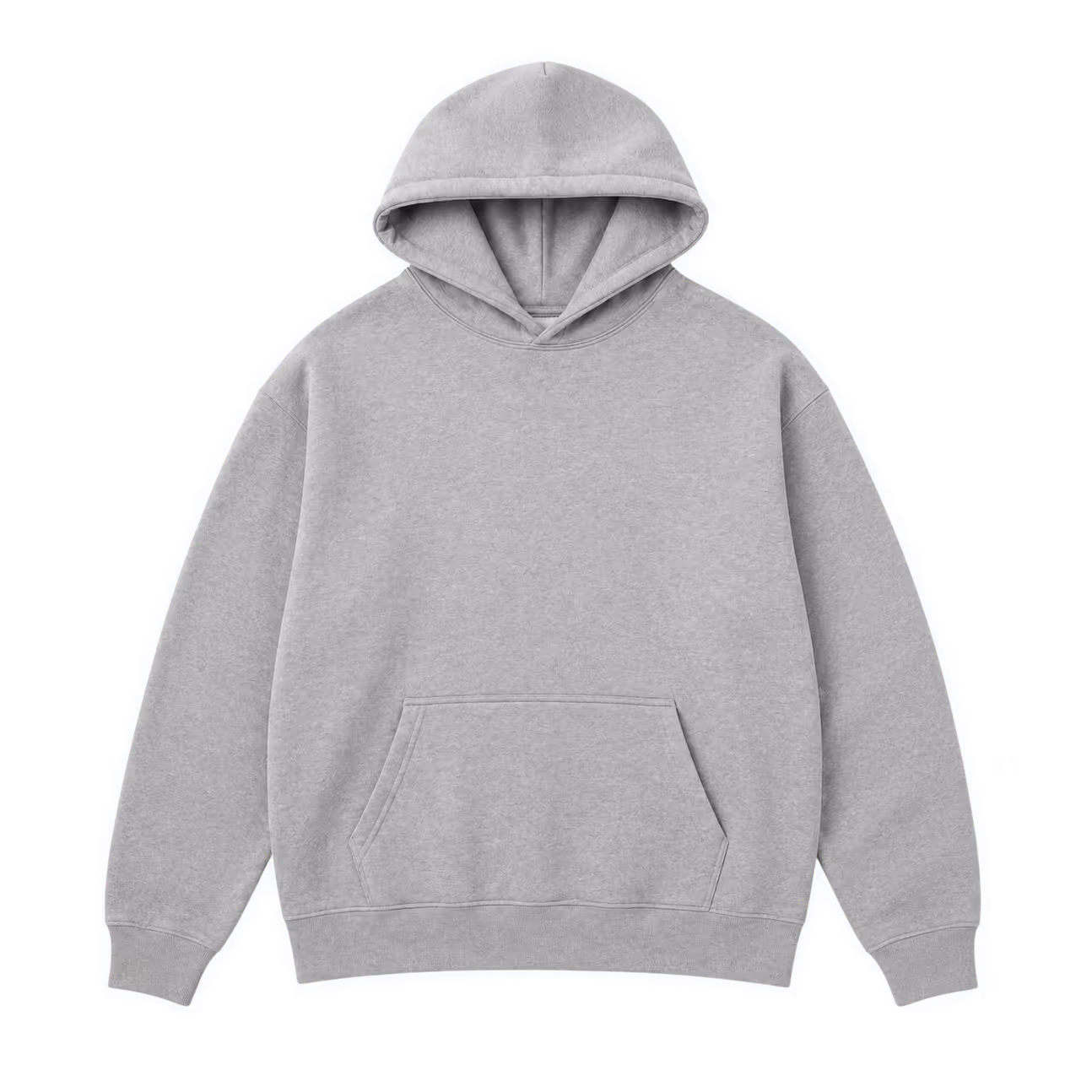 Plain light gray hooded sweatshirt with front pouch pocket and ribbed cuffs and hem.