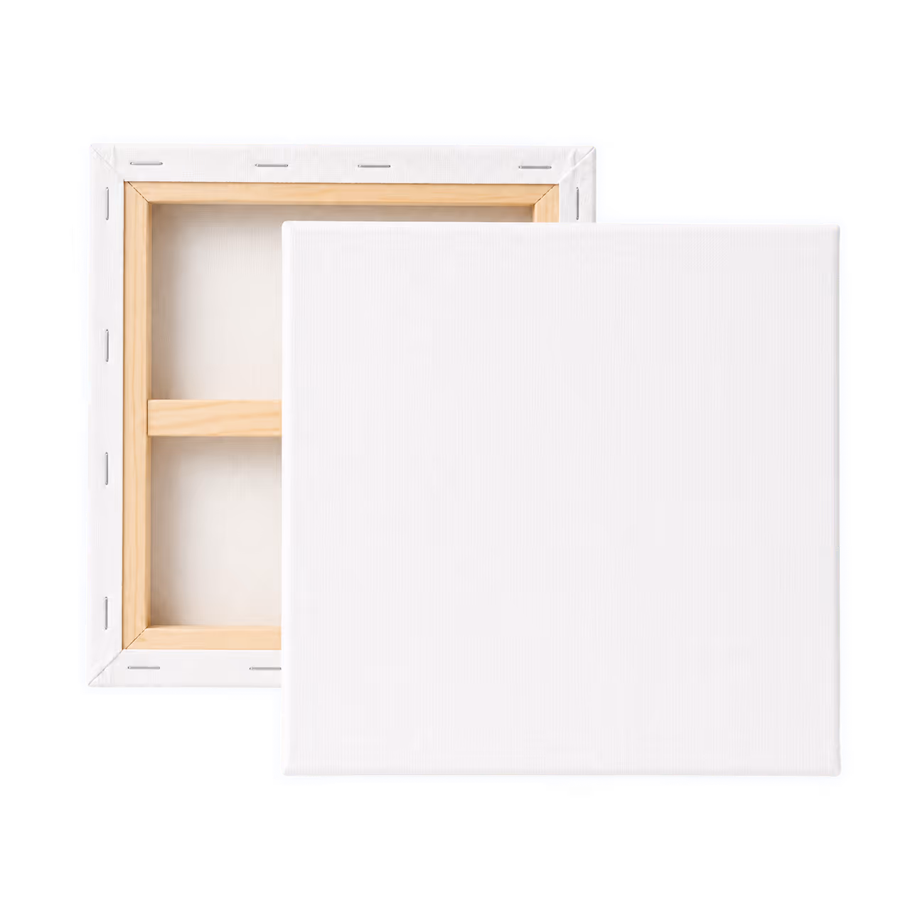 Two blank white canvas frames, one showing stretched fabric front, the other showing wooden back.