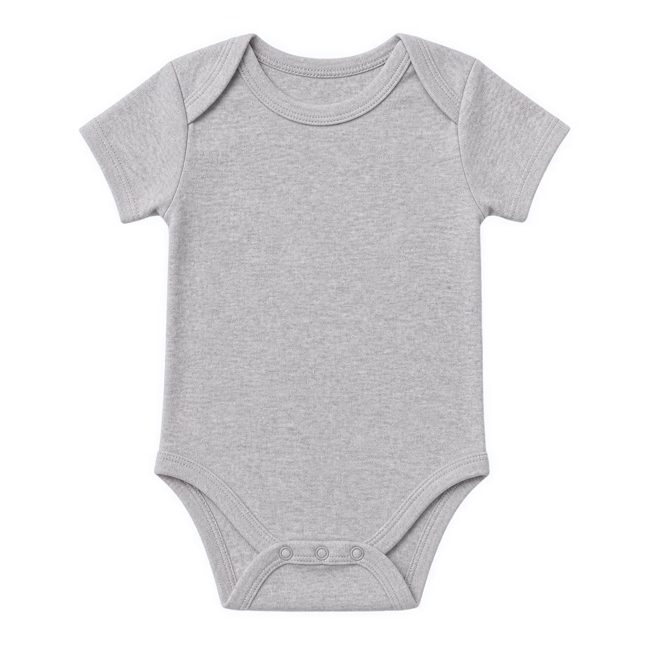 Plain light gray short-sleeve baby onesie with snap closures at the bottom.