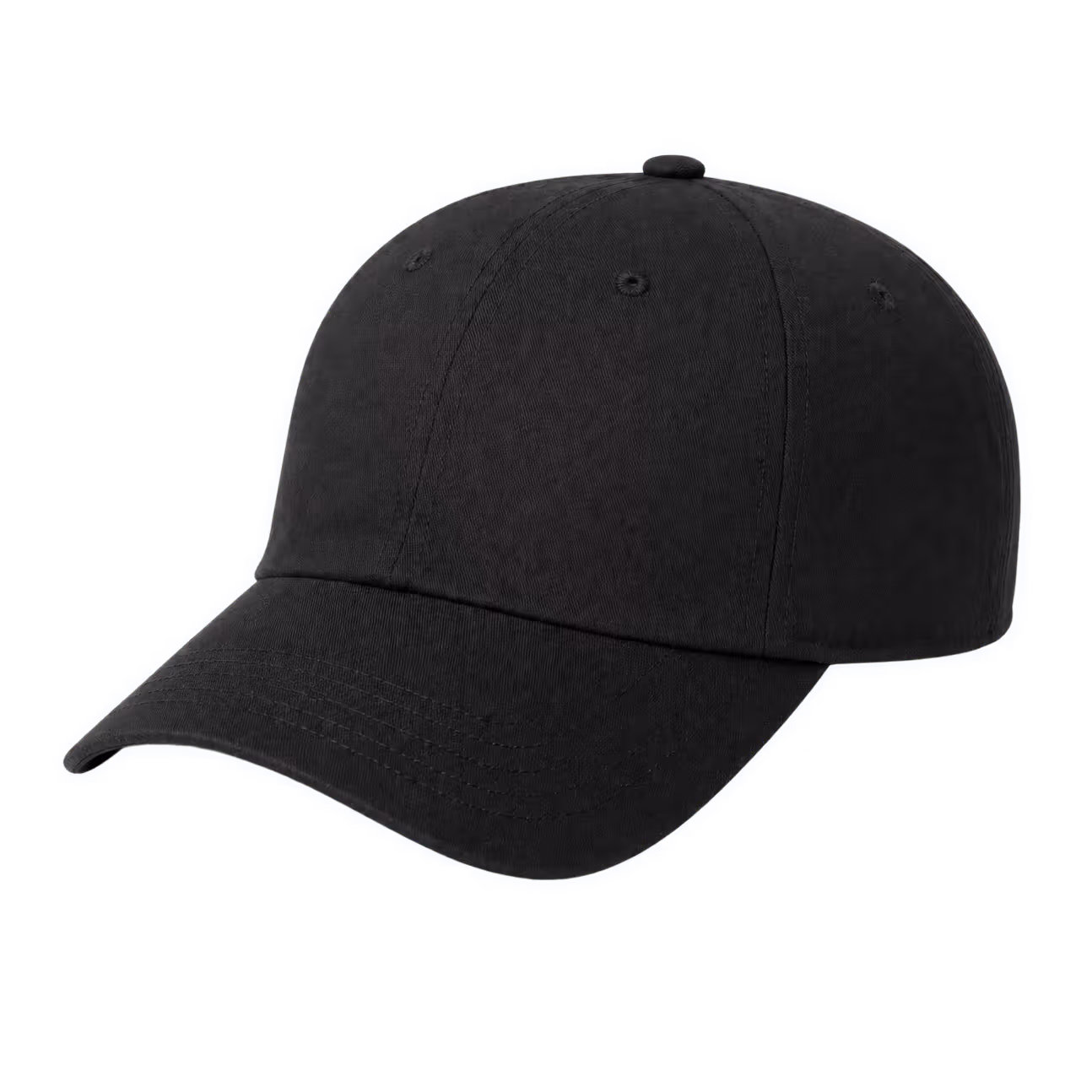 Plain black baseball cap with curved brim and stitched panels on a transparent background.