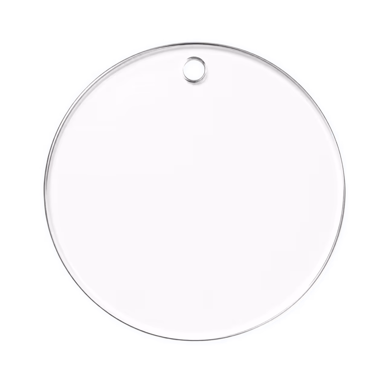 Clear round acrylic ornament disc with a small hole near the top for hanging.