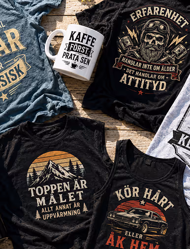 T-shirts and a mug with Swedish text and vintage-style graphics in an outdoor setting.