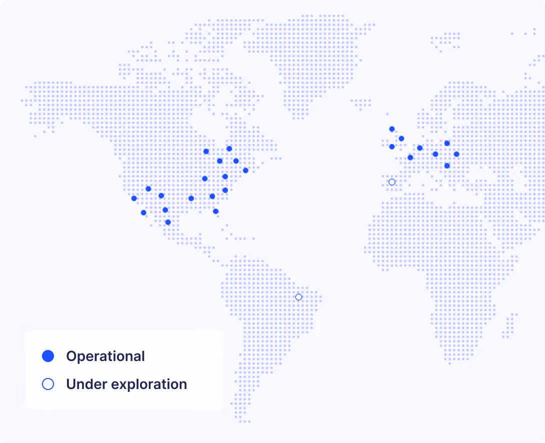 Dotted world map showing operational and under exploration locations in the Americas and Europe.