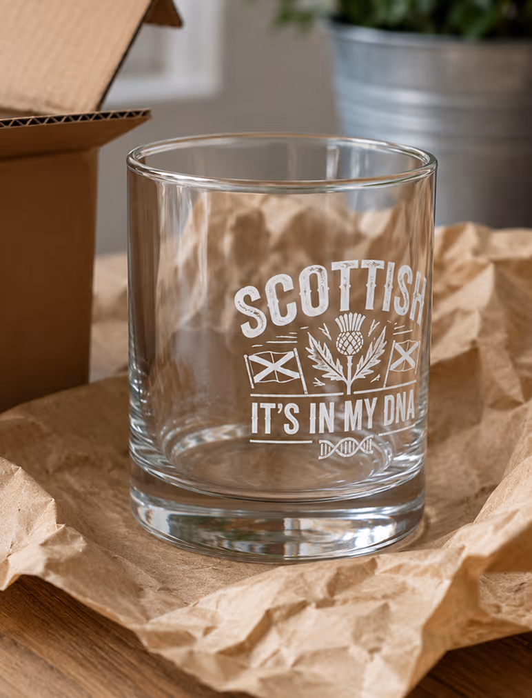 Clear glass tumbler with white text Scottish, two flags, a thistle, and DNA strand on brown paper.