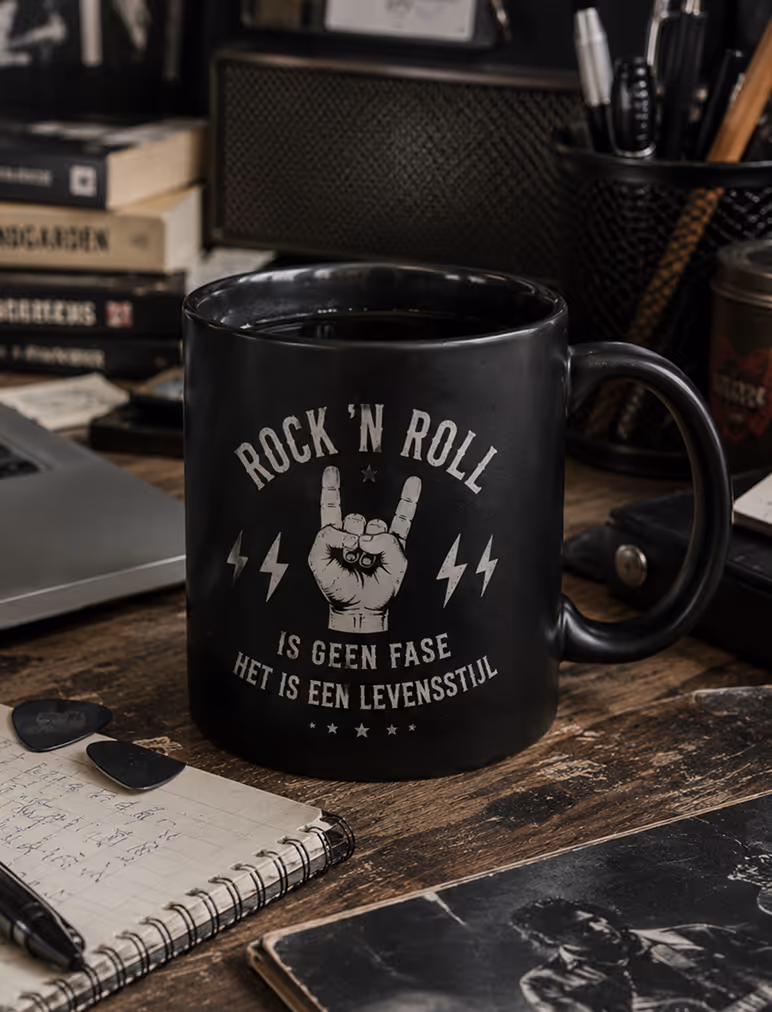 Black mug on desk with rock hand sign and text: Rock 'N Roll is geen fase het is een levensstijl.