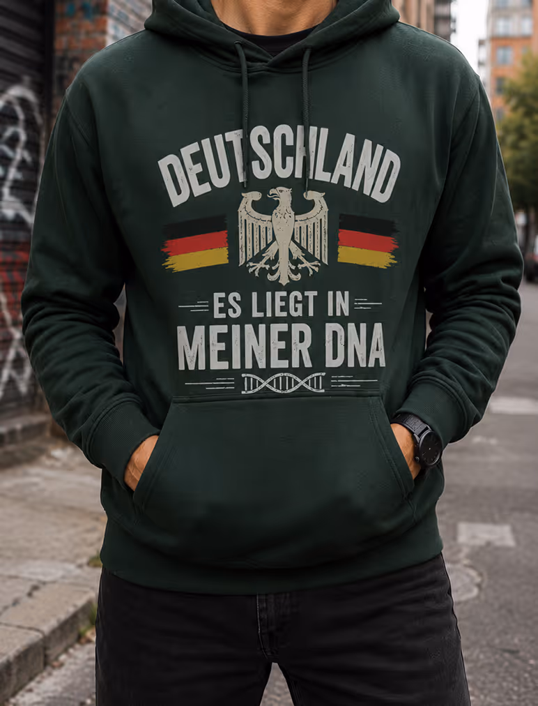 Person wearing dark green hoodie with German eagle, flag colors, and text about Germany in DNA.