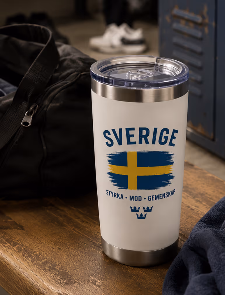 Travel tumbler with a Swedish flag, text 'Sverige' and words 'styrka mod gemenskap' on wooden bench.