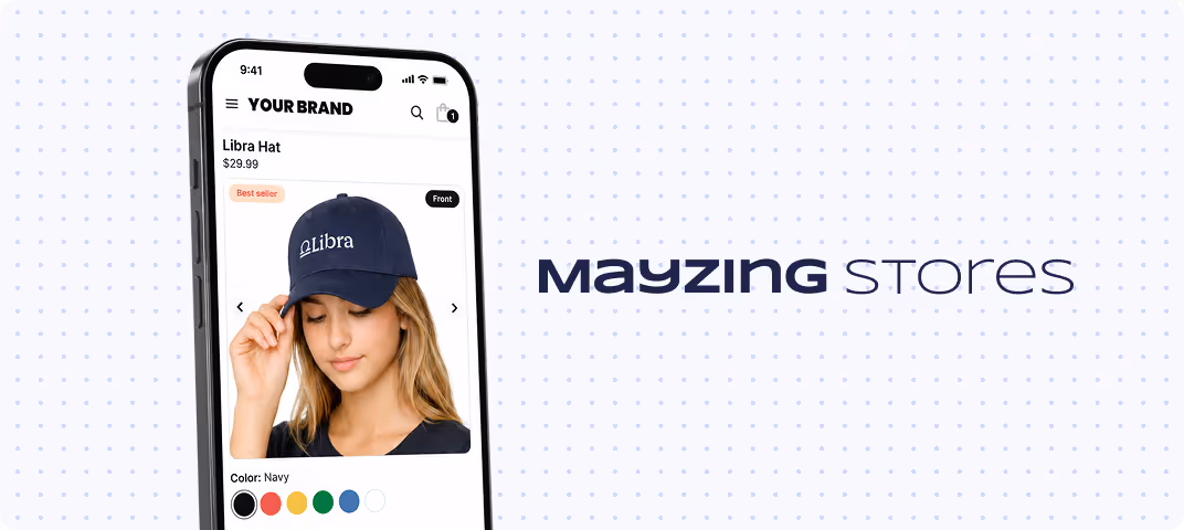 Mobile screen showing Navy Libra Hat product page on Mayzing Stores website with color choices.
