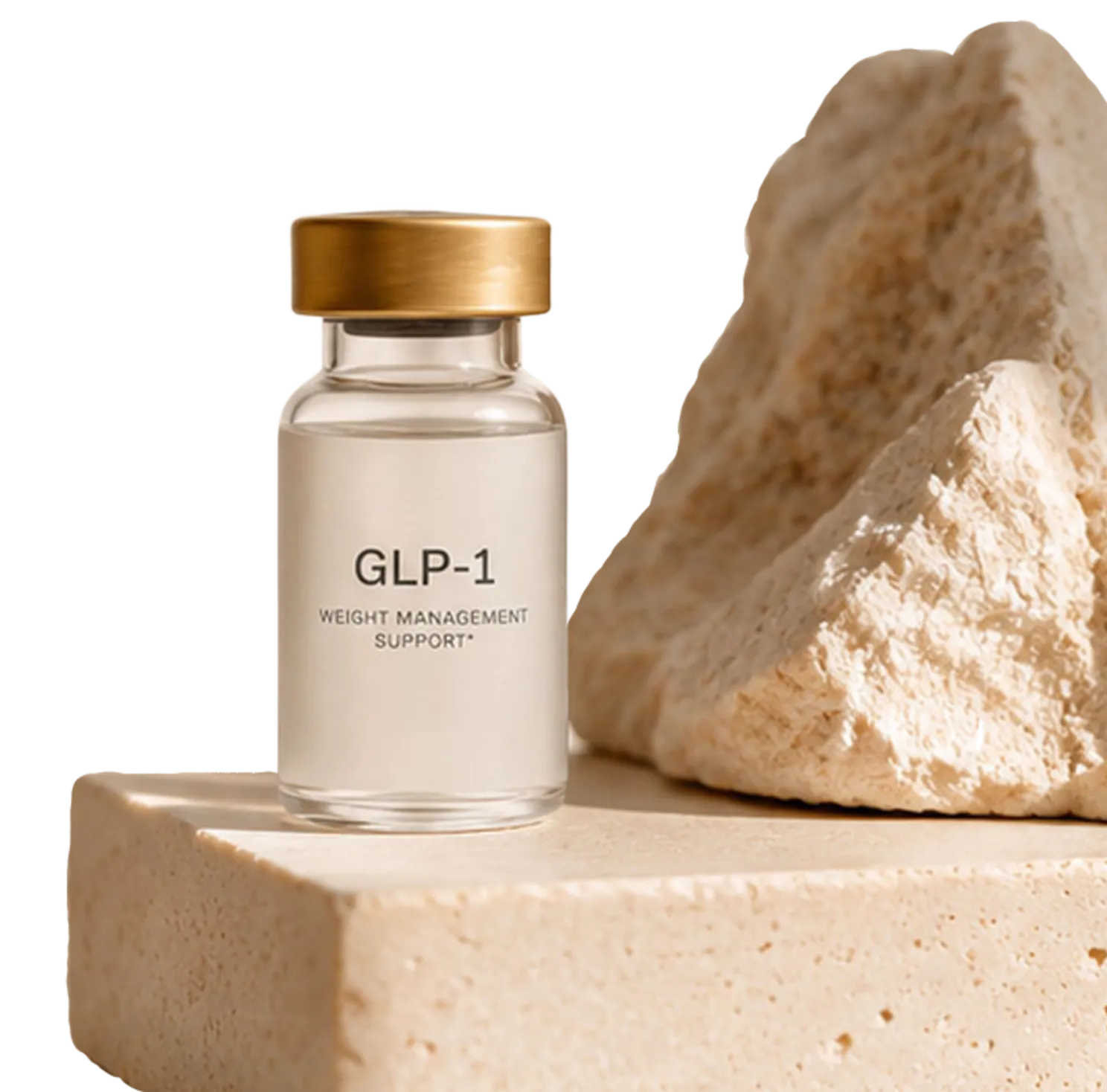 An image of a GLP-1 bottle sitting a rock slab.
