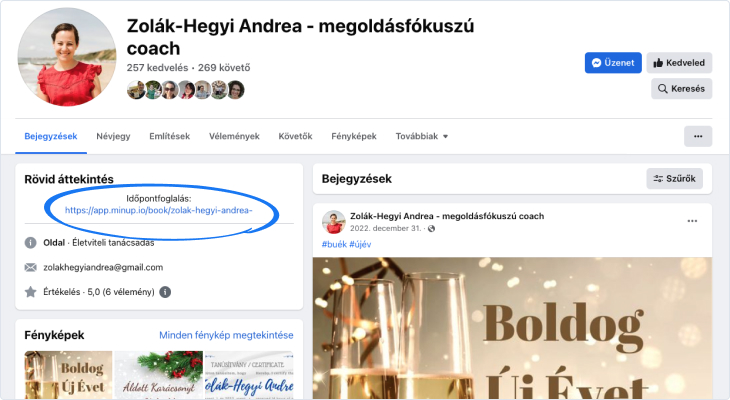 Image from Zolák-Hegyi Andrea, a solution-focused coach's Facebook page, where the Minup booking link is located in the bio section.