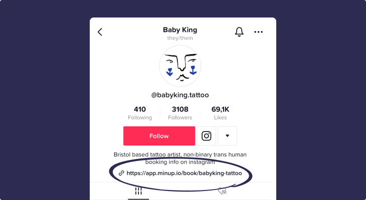 Image from Baby King, a tattoo artist's TikTok profile, where the Minup booking page link is displayed.