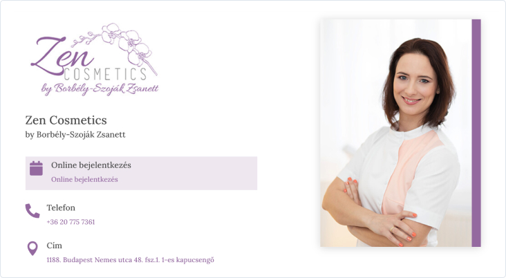 Image from the Zen Cosmetics salon's website, where the booking button is highlighted and appears in a purple color matching the website's style on the contact subpage.