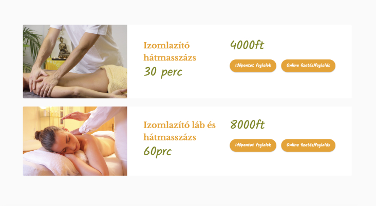 Various massage treatments in a list, for which appointments can be booked separately.