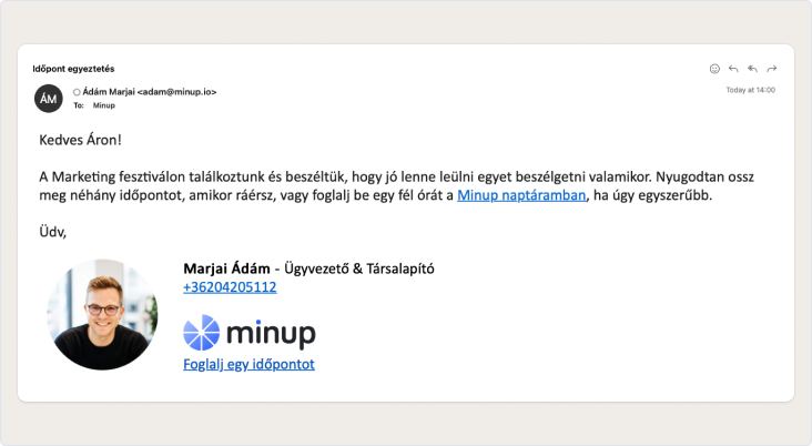 Image of an email. The booking link is in both the email text and the signature.