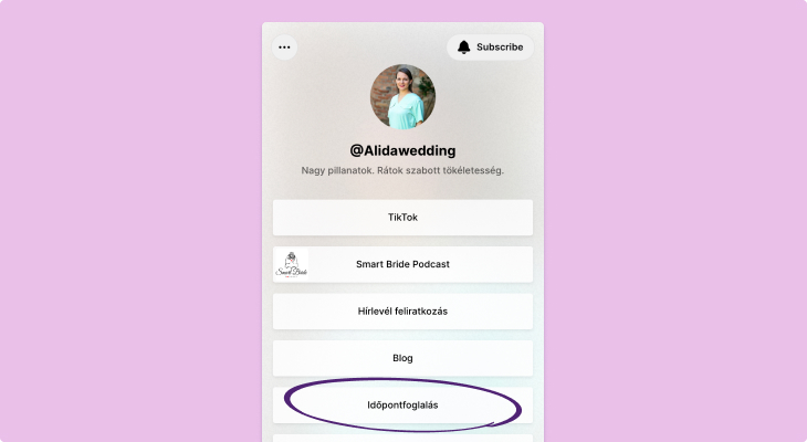 Image from Alidawedding's Linktree page, where the Minup booking link also appears among the other links.