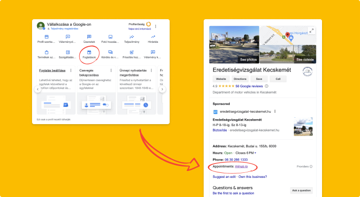 Image showing where to add a booking link to your Google Business Profile and an example, Eredetiségvizsgálat Kecskemét, where the booking link is visible in the profile below the phone number.