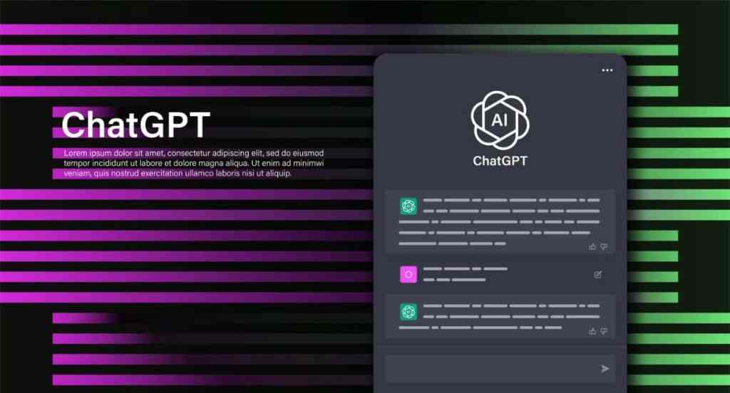 Egy stilizált kép a ChatGPT AI chatbot felületéről. Sötét háttér, neon színek.