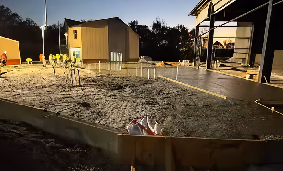Construction site at night with poured concrete slab, framed area, and metal building structures.