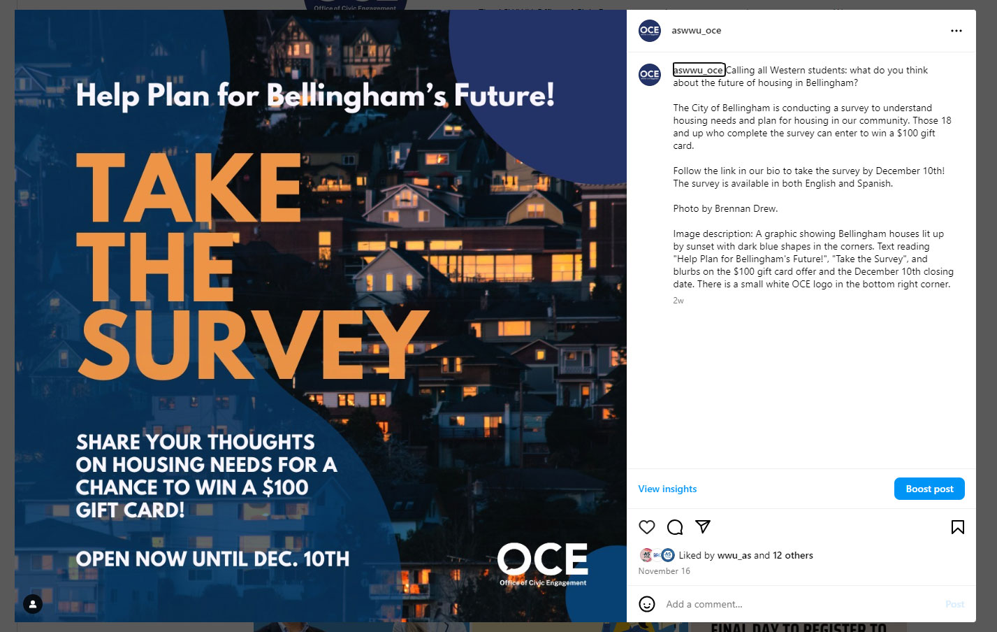 Instagram post from the WWU Office of Civic Engagement encouraging students to take the Bellingham housing survey