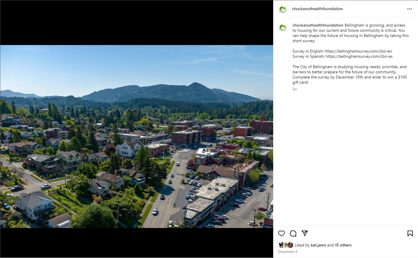 Instagram post from Chuckanut Health Foundation inviting the community to take the Bellingham housing survey