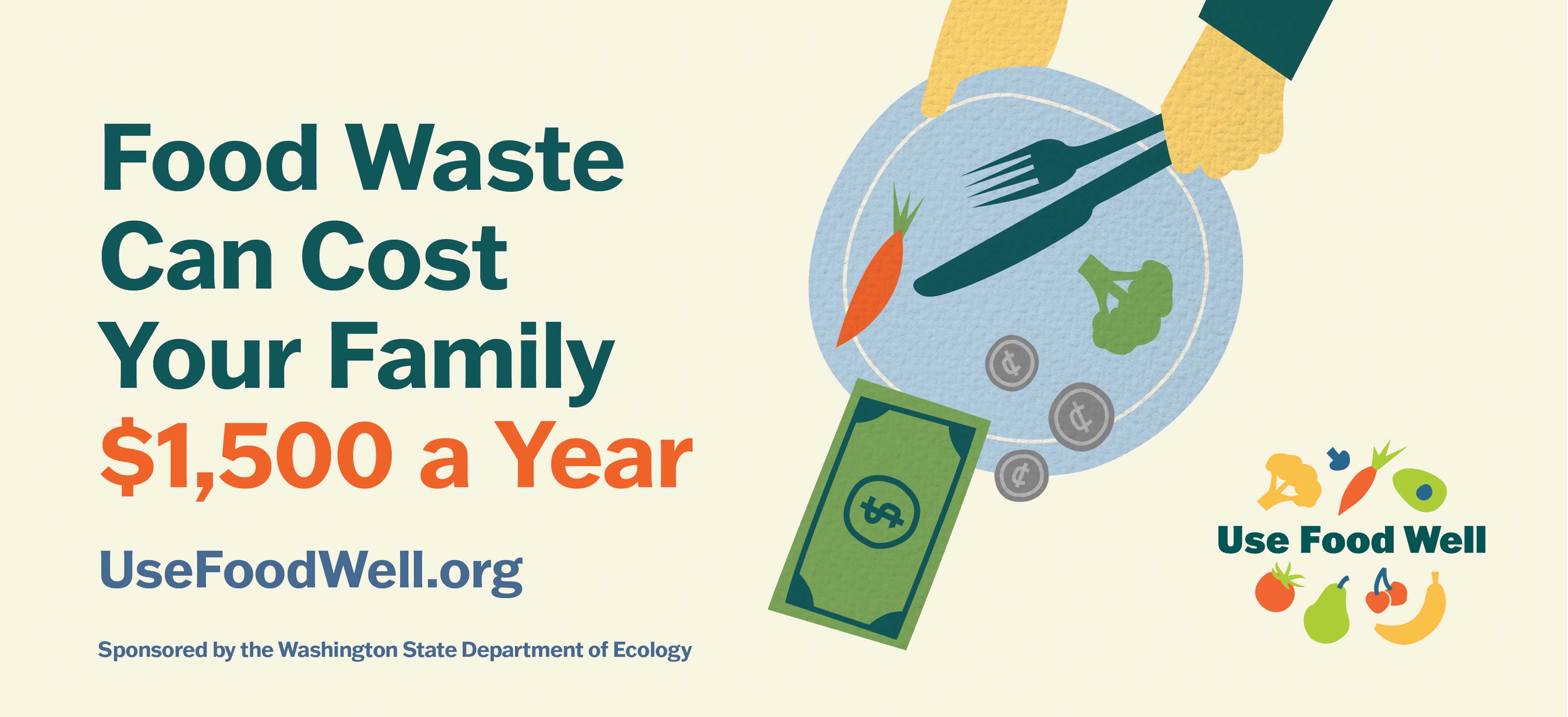 Use Food Well billboard reading Food Waste Can Cost Your Family $1,500 a Year with an illustrated plate, utensils, and money