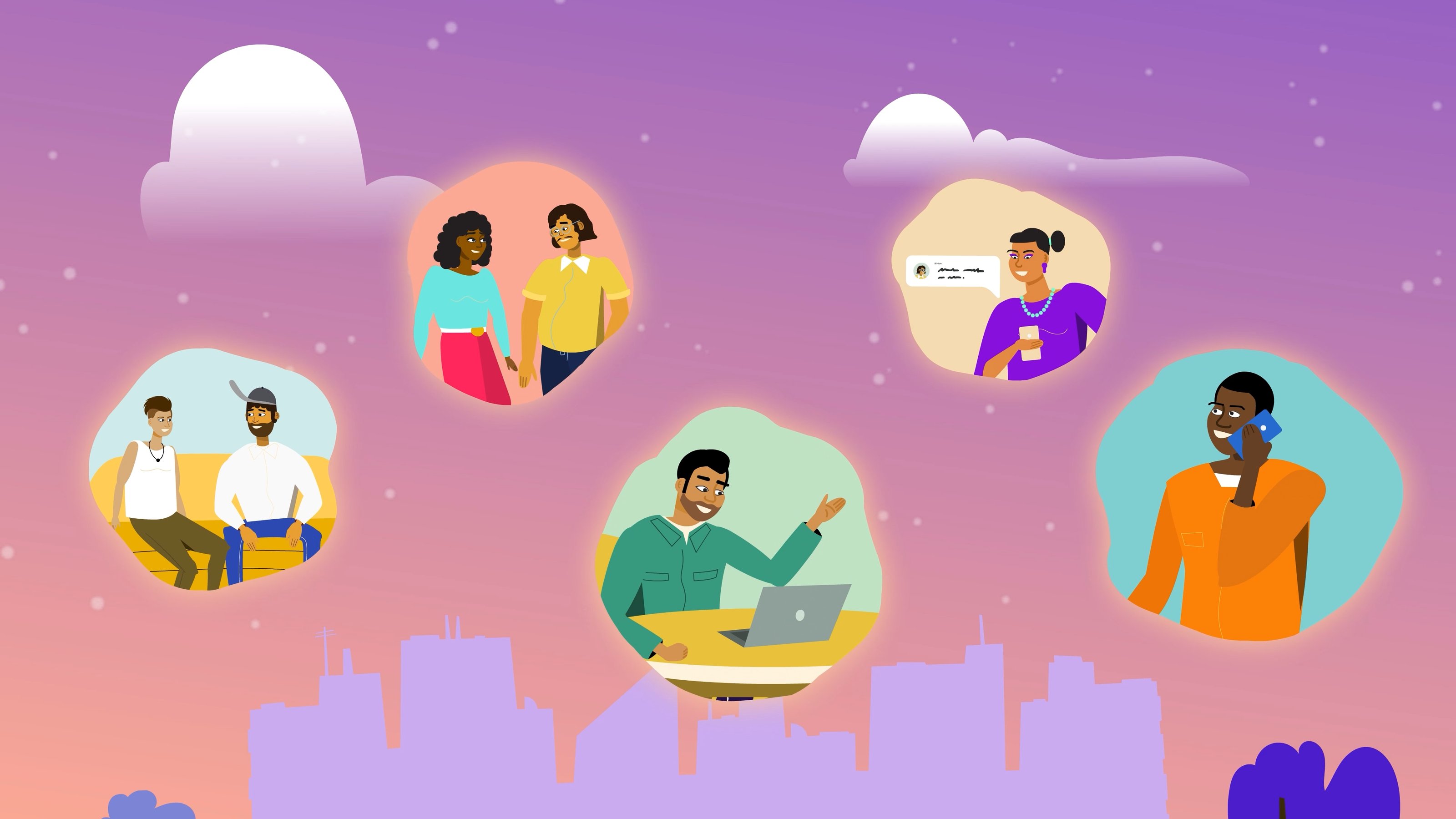 Illustration of community members shown within thought bubbles above a city skyline