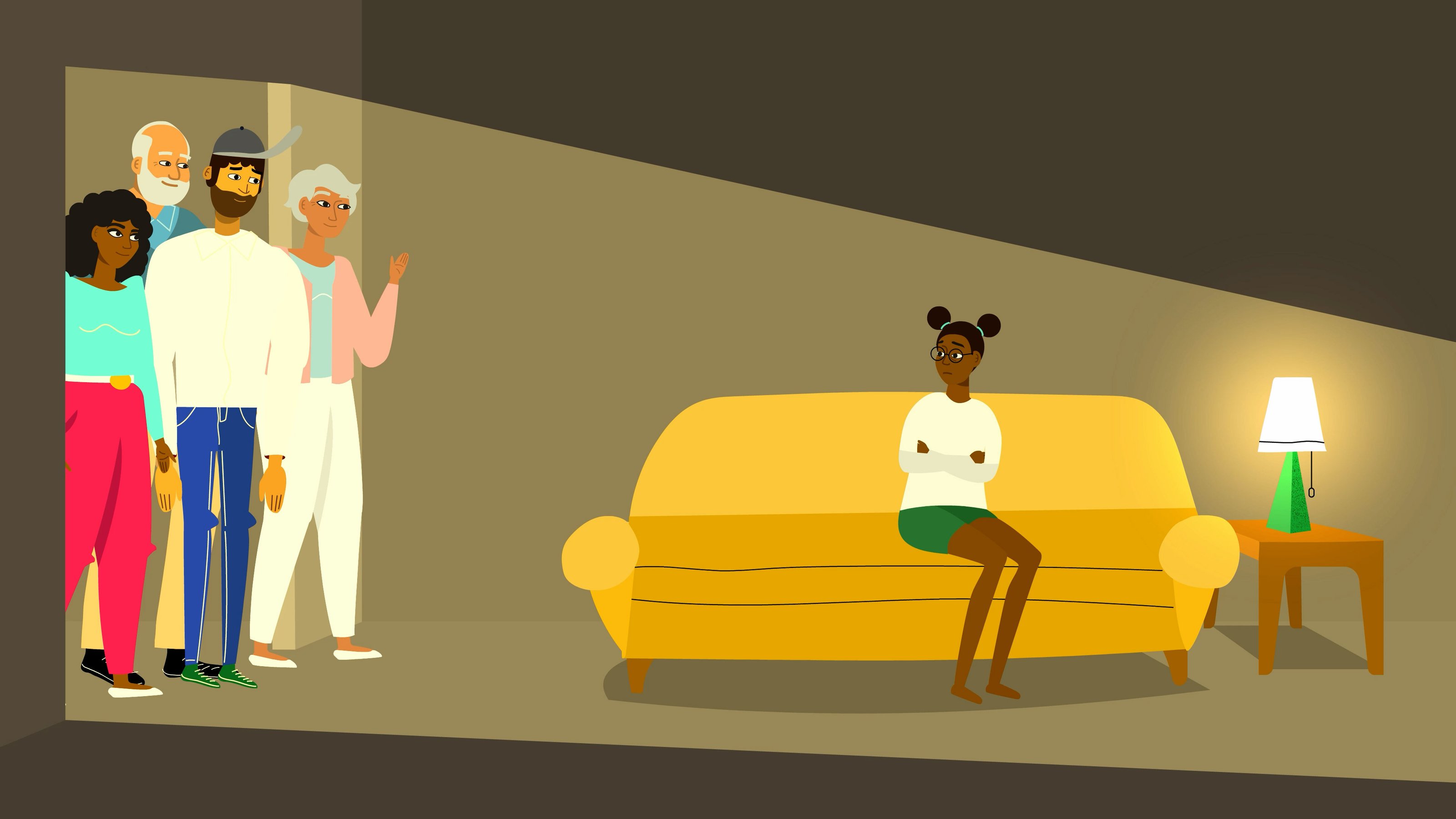 Illustration of a couple in a living room with a girl seated on a yellow couch