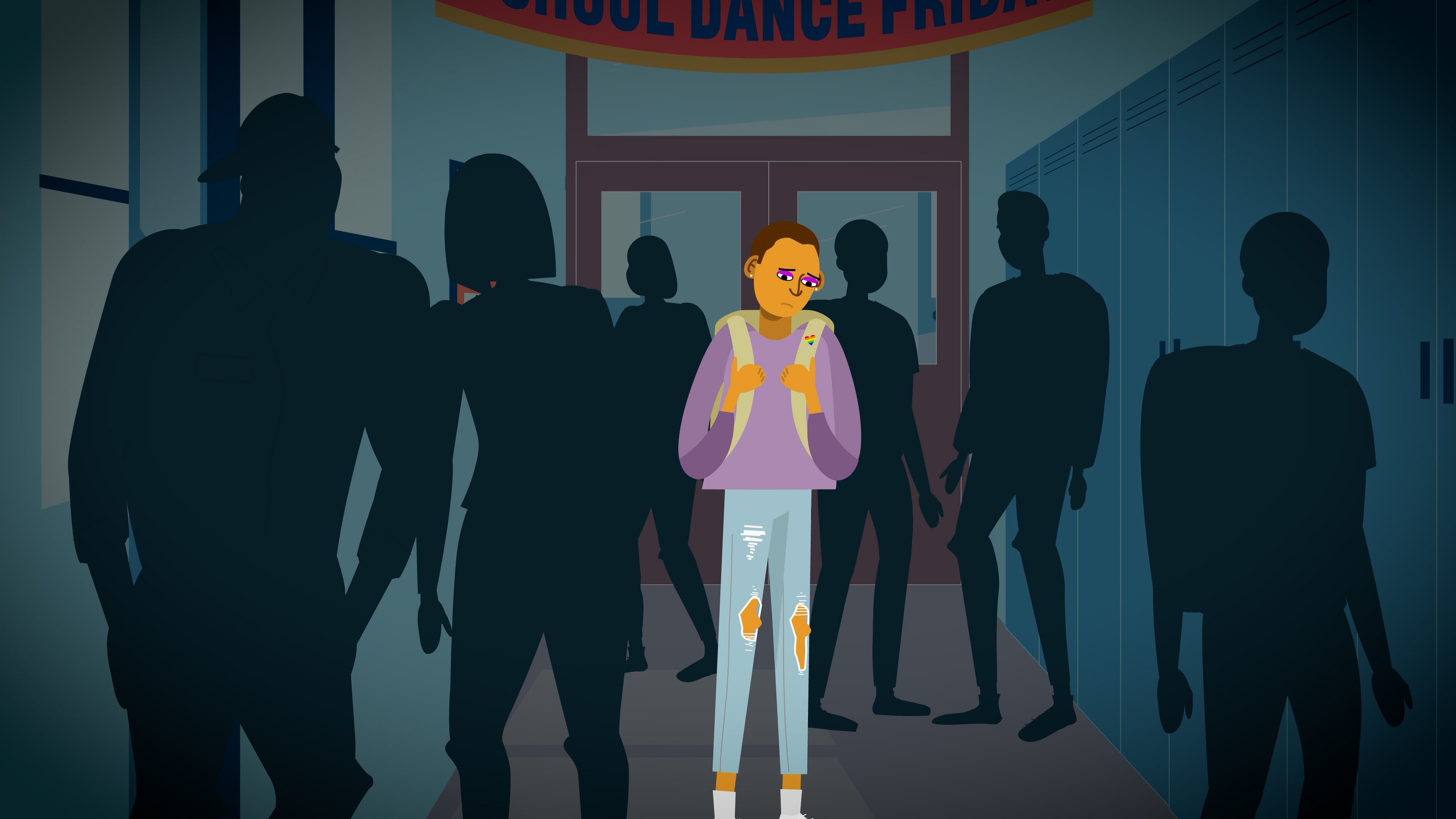 Illustration of a young person looking at their phone in a school hallway surrounded by shadowy figures