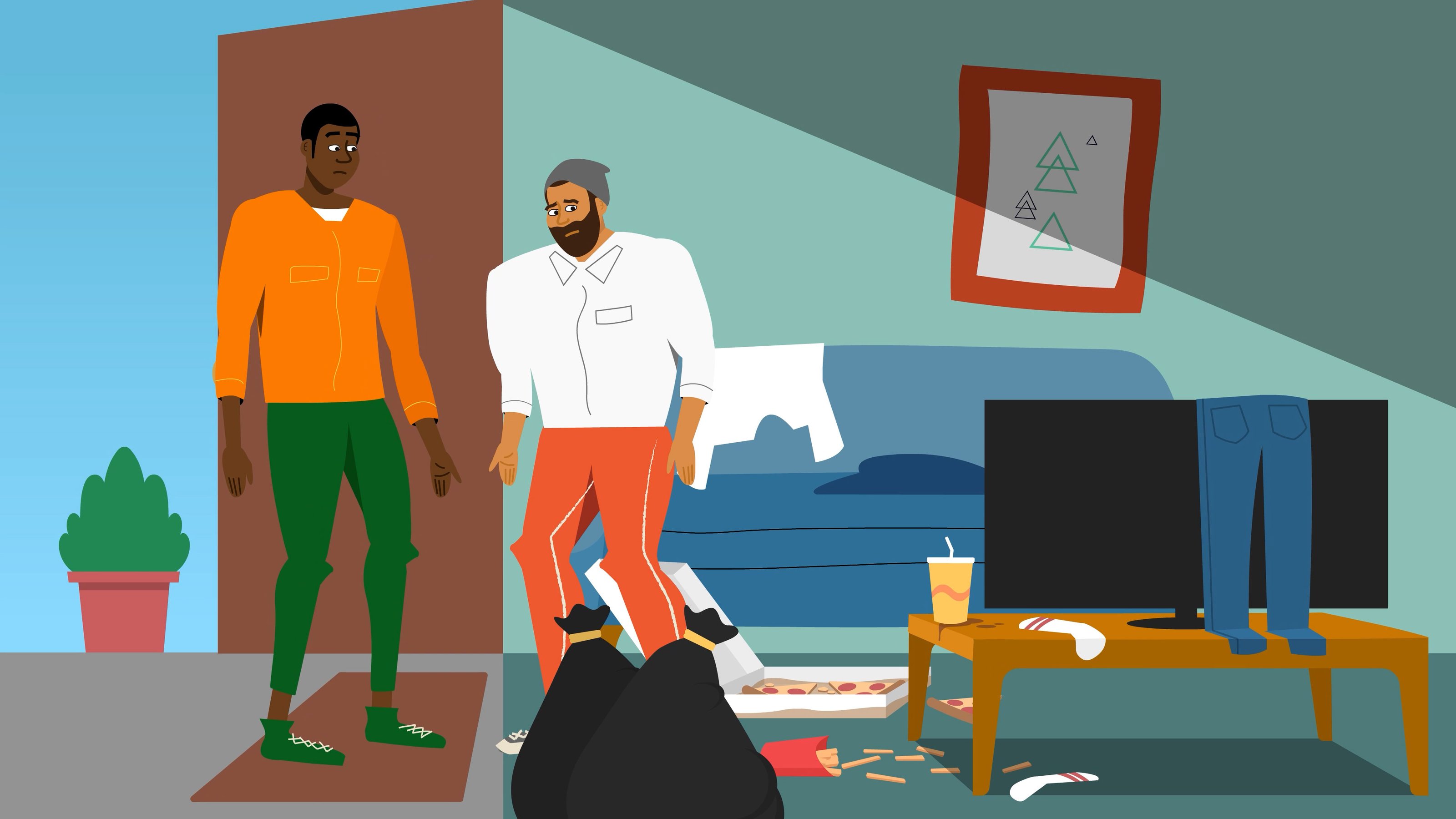 Illustration of one man welcoming another at an apartment doorway