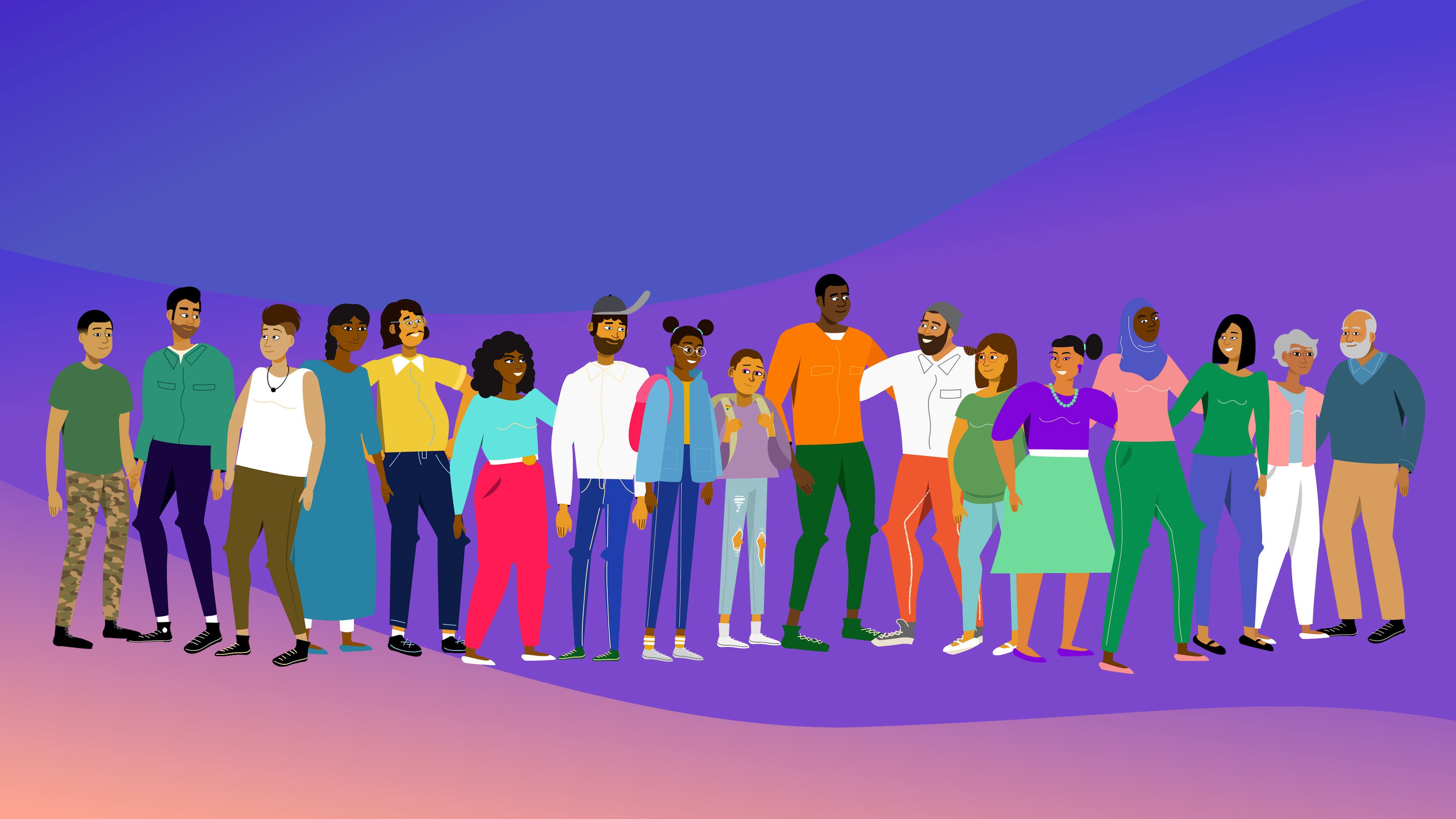 Illustration of a large, diverse group of people standing together