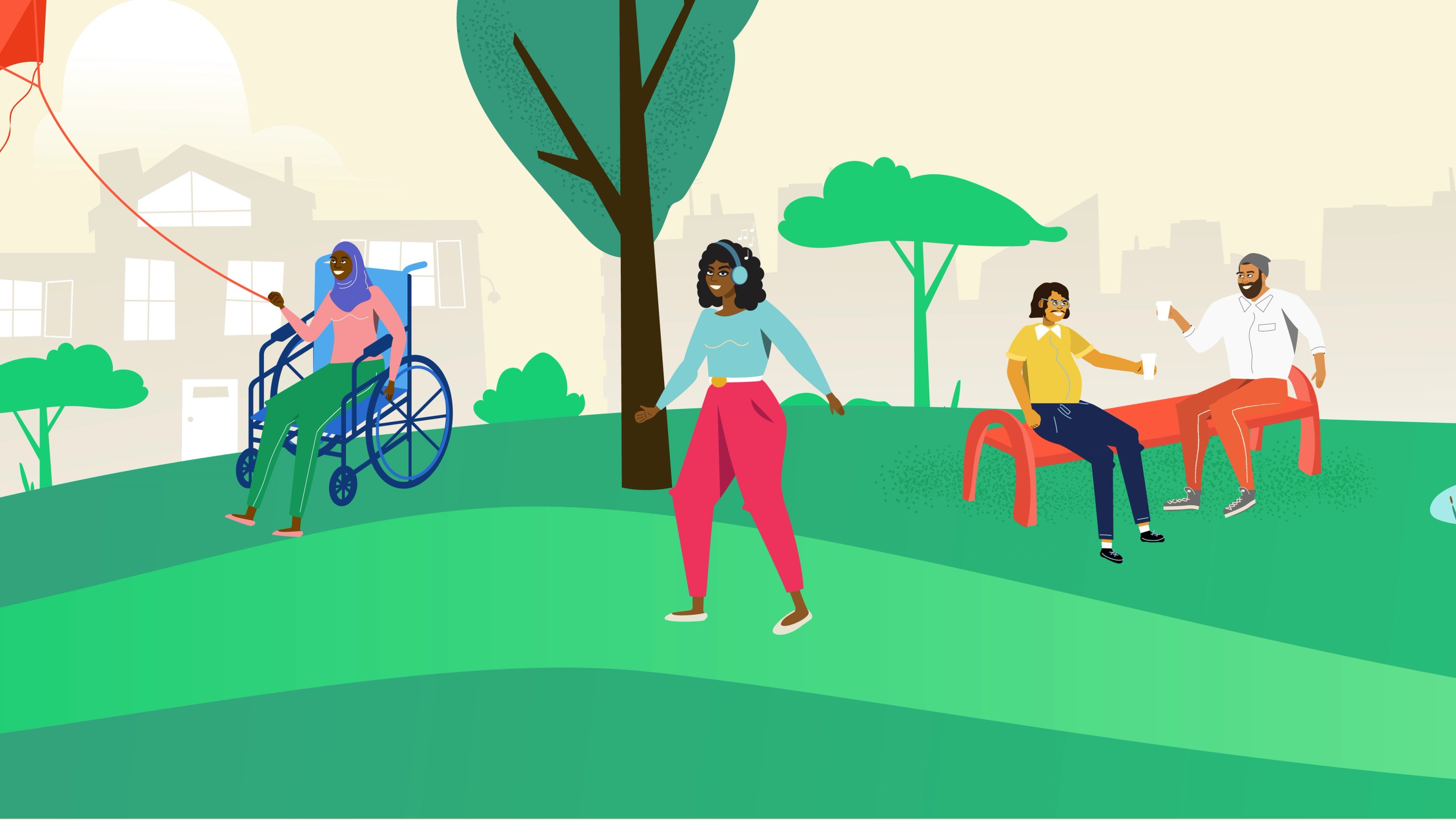 Illustration of community members gathering in a park, including a person using a wheelchair