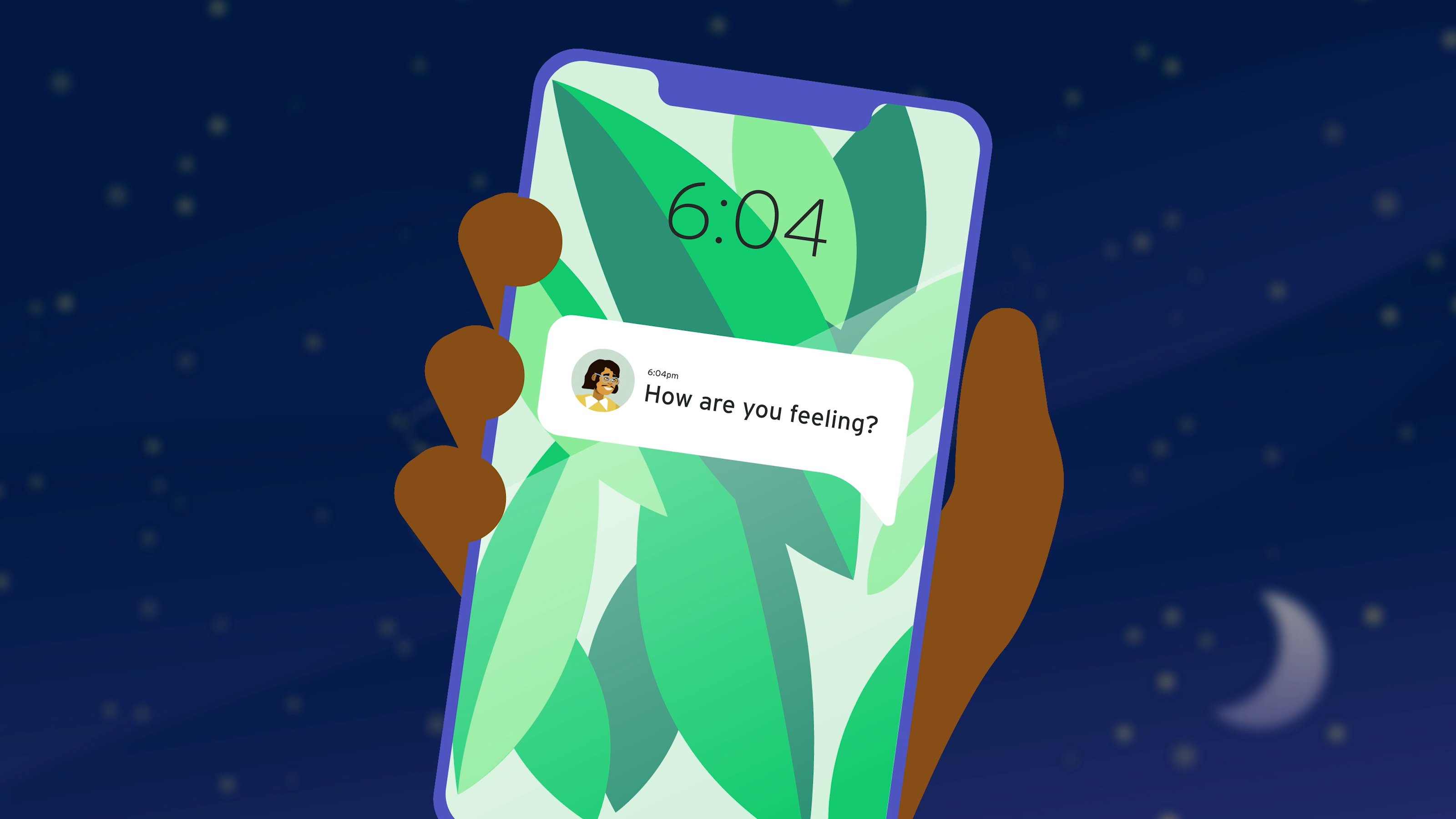 Illustration of a hand holding a phone showing a check-in message at night