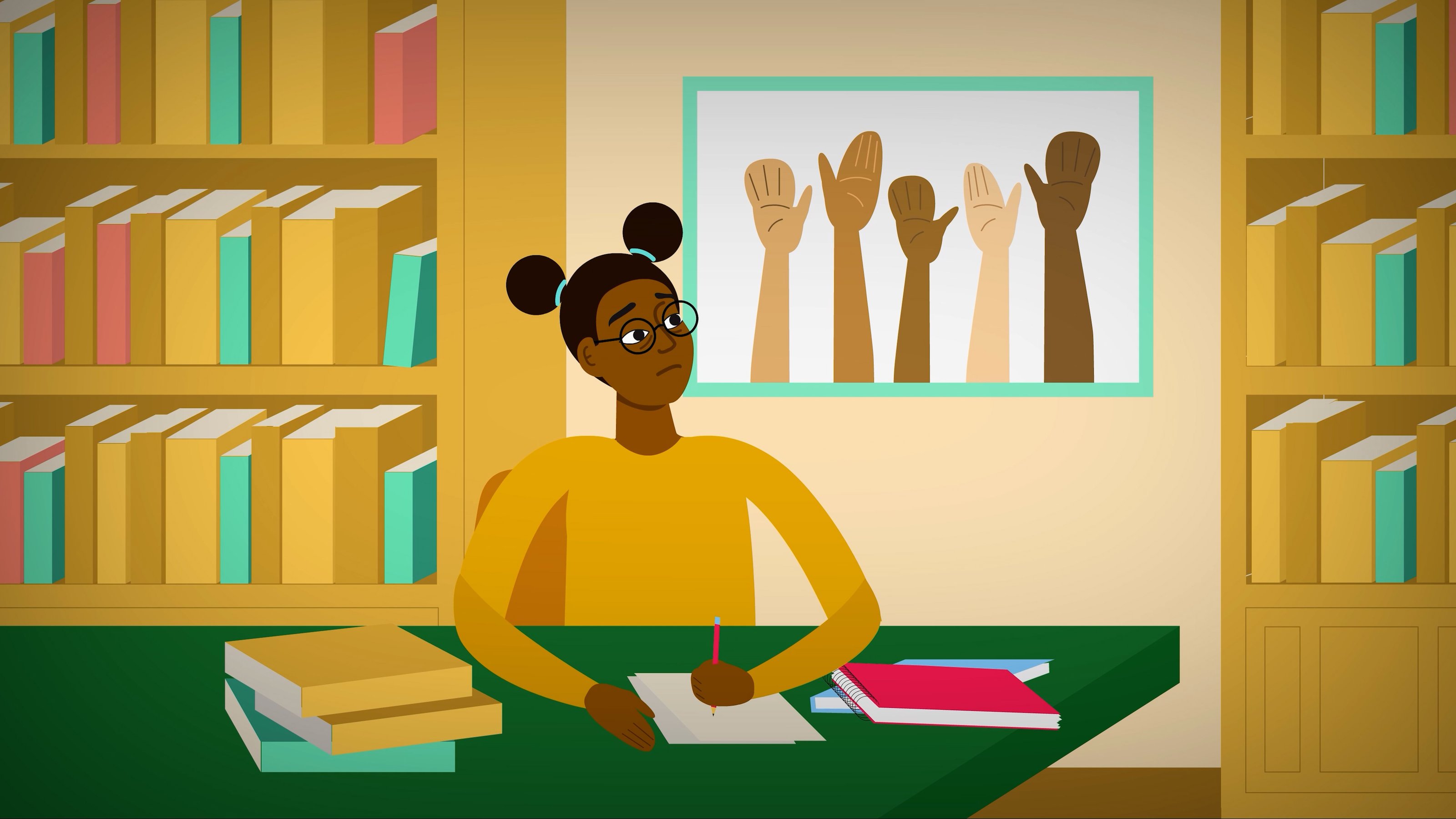 Illustration of a student at a library desk with a framed picture of raised hands on the wall