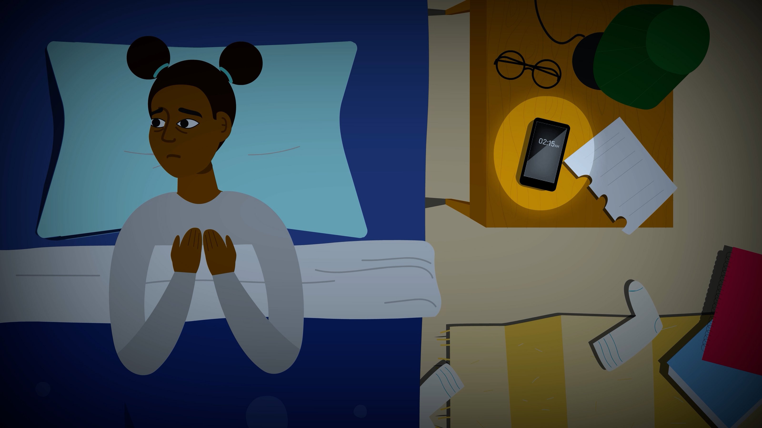 Illustration of a young person lying awake in bed at night with a phone on the nightstand