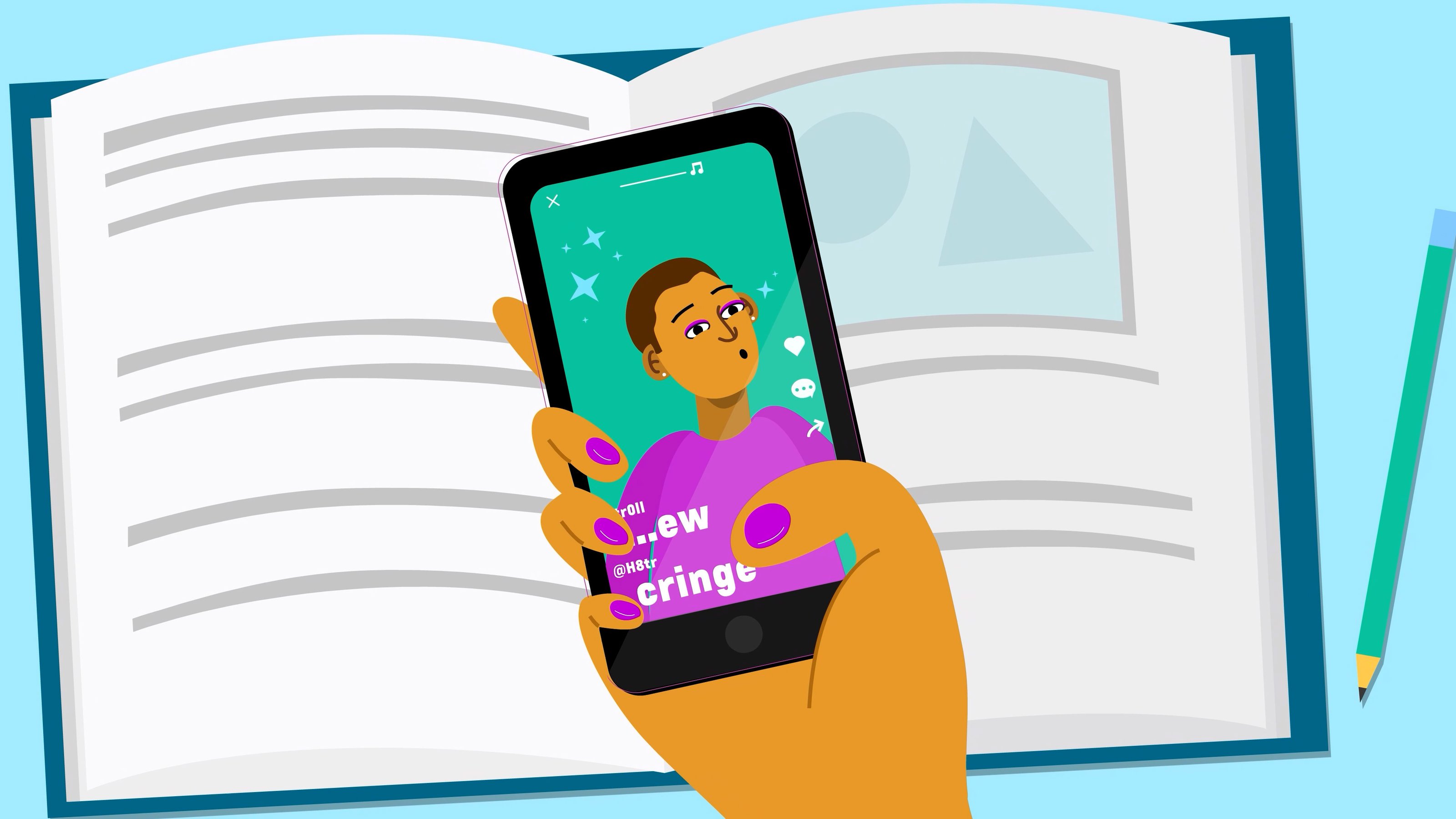 Illustration of a hand holding an open book with a phone playing a video