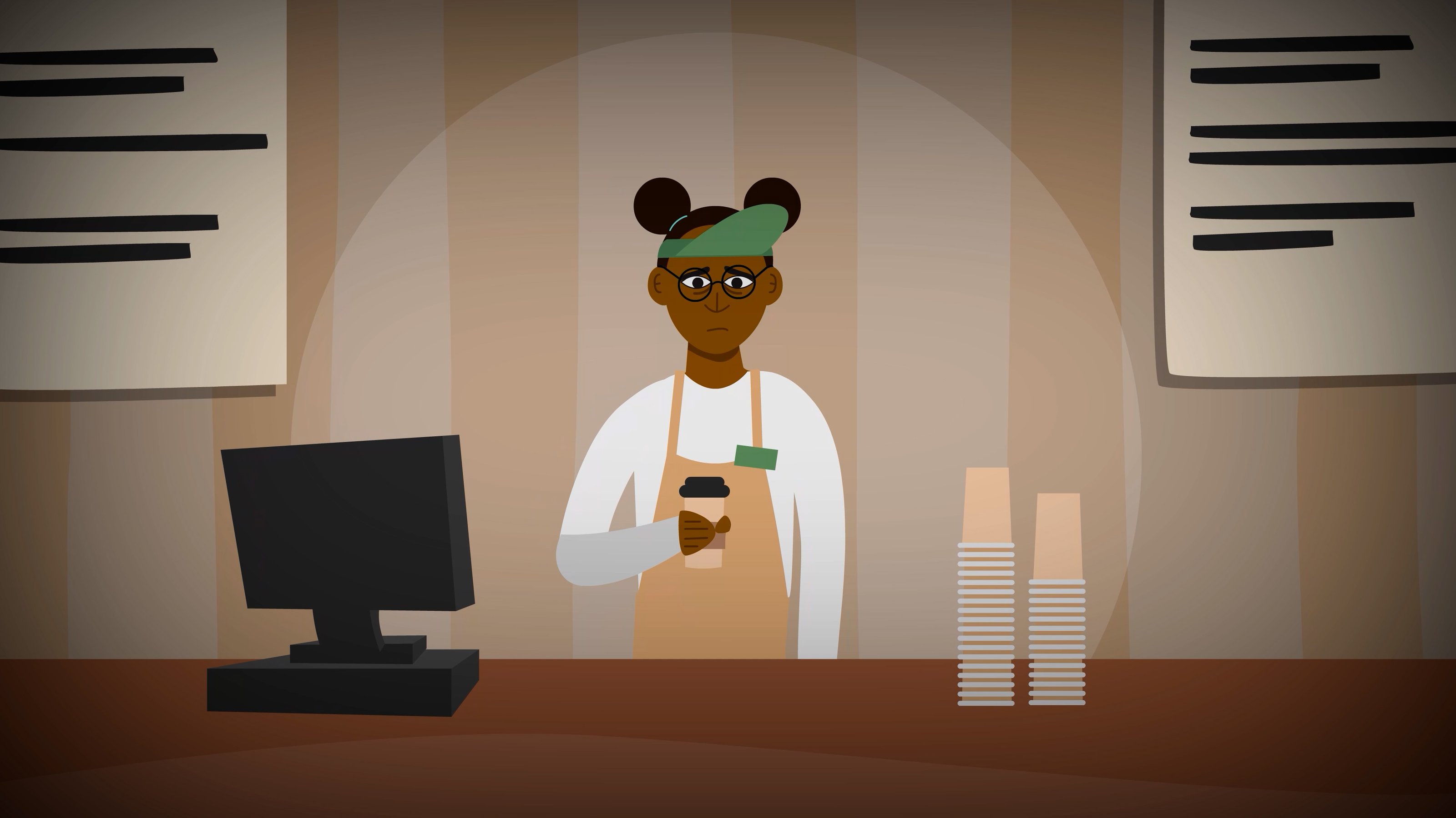 Illustration of a person in an apron working behind a coffee shop counter