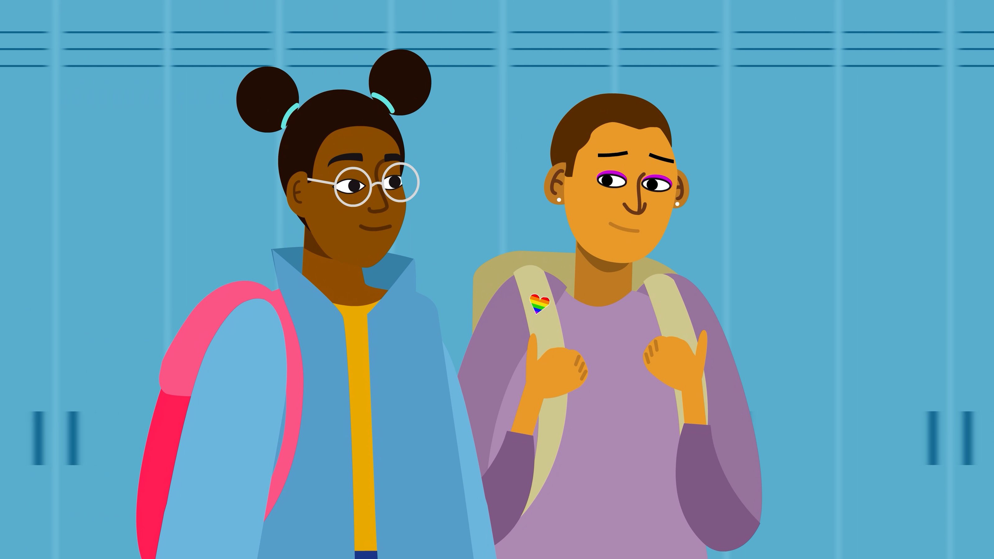 Illustration of two students with backpacks standing at school lockers