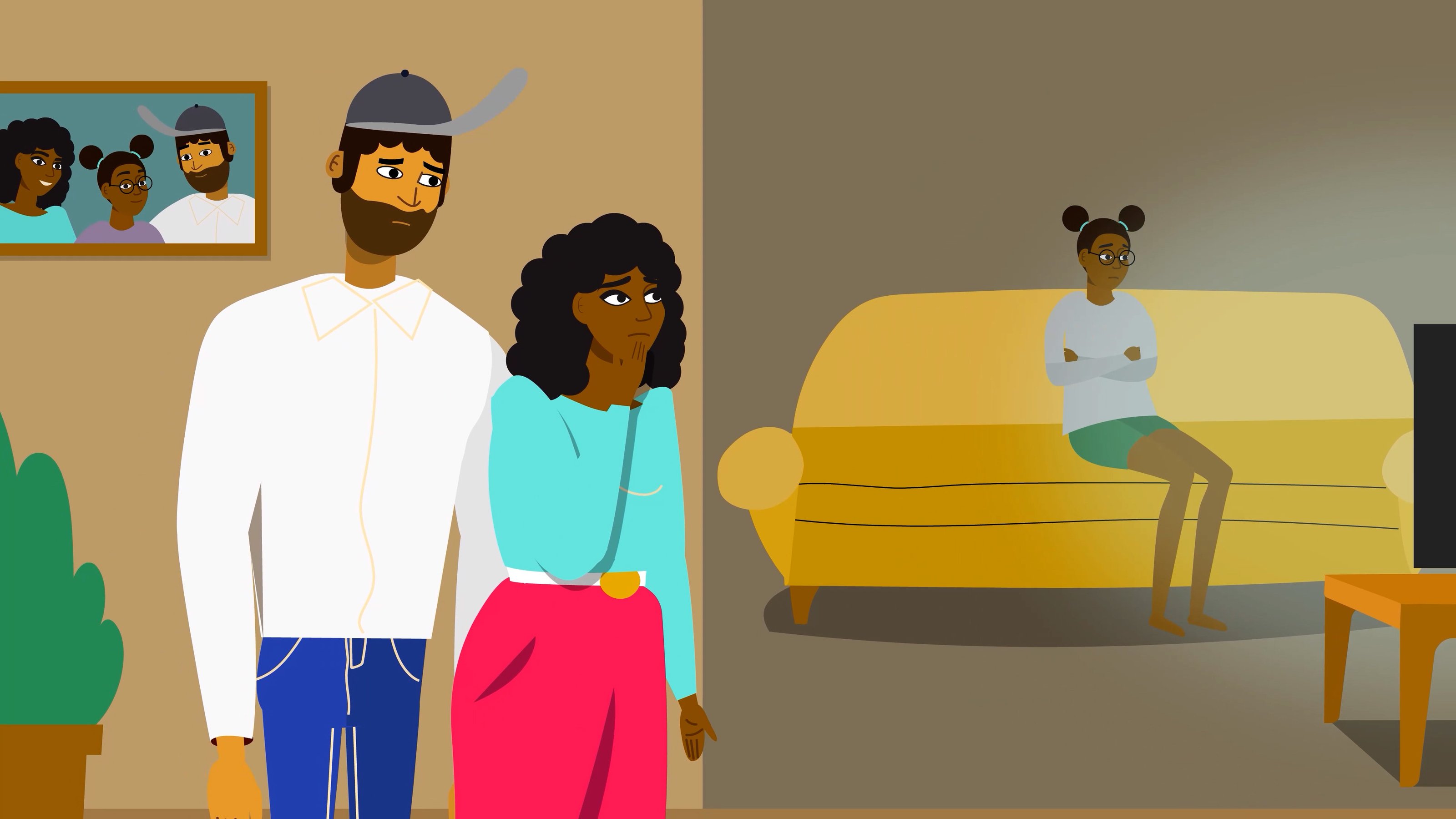 Illustration of a family standing together while a girl sits on a yellow couch