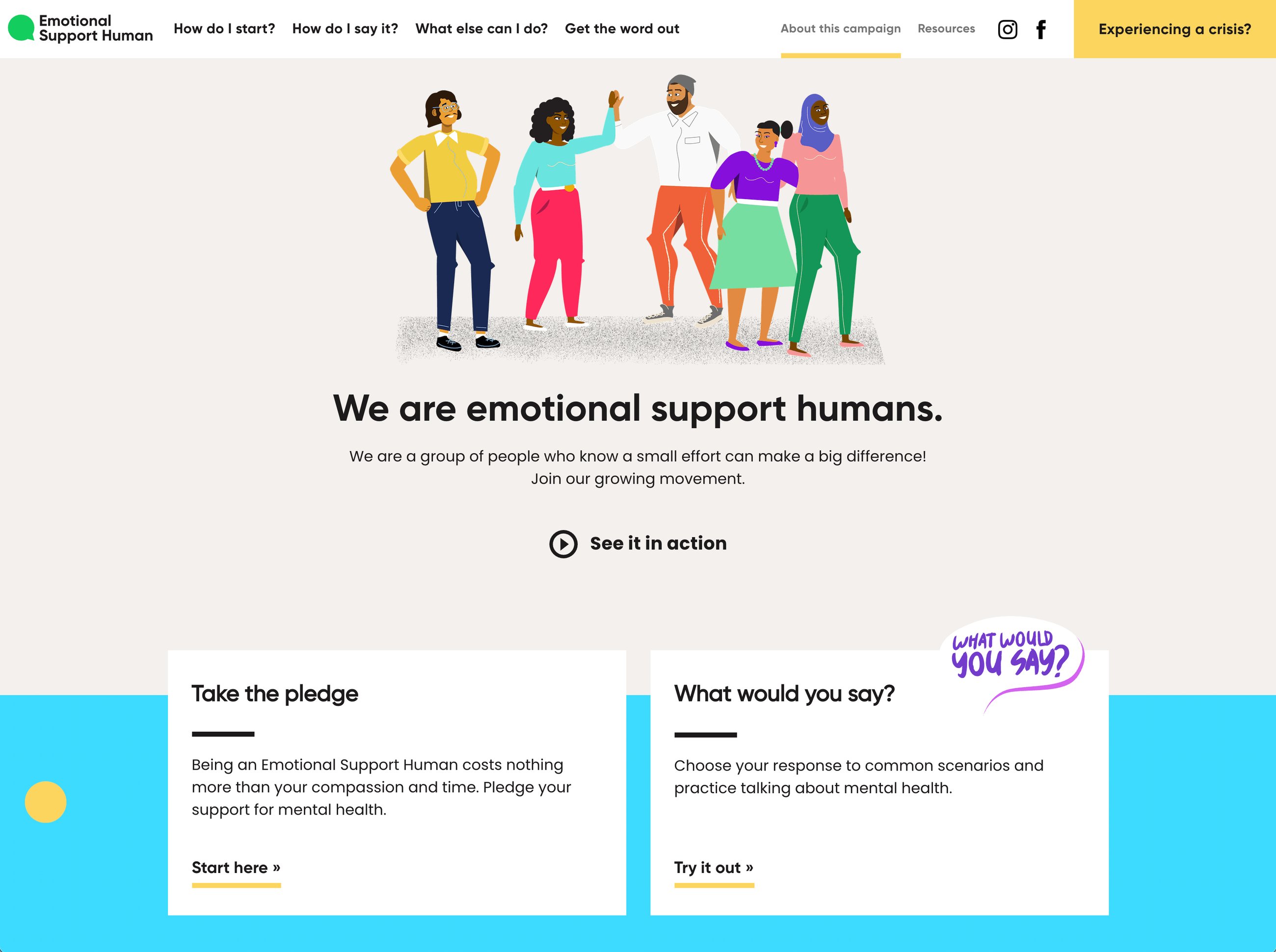 Screenshot of the redesigned supporthuman.org homepage reading We are emotional support humans